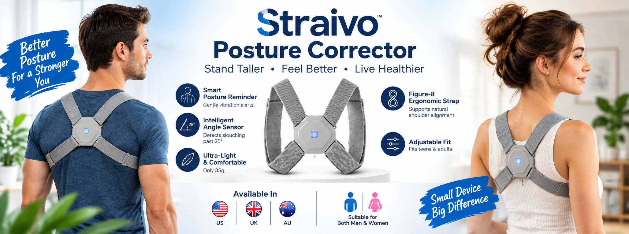 Straivo Posture Corrector worn by a man and a woman, available in the US, UK and Australia