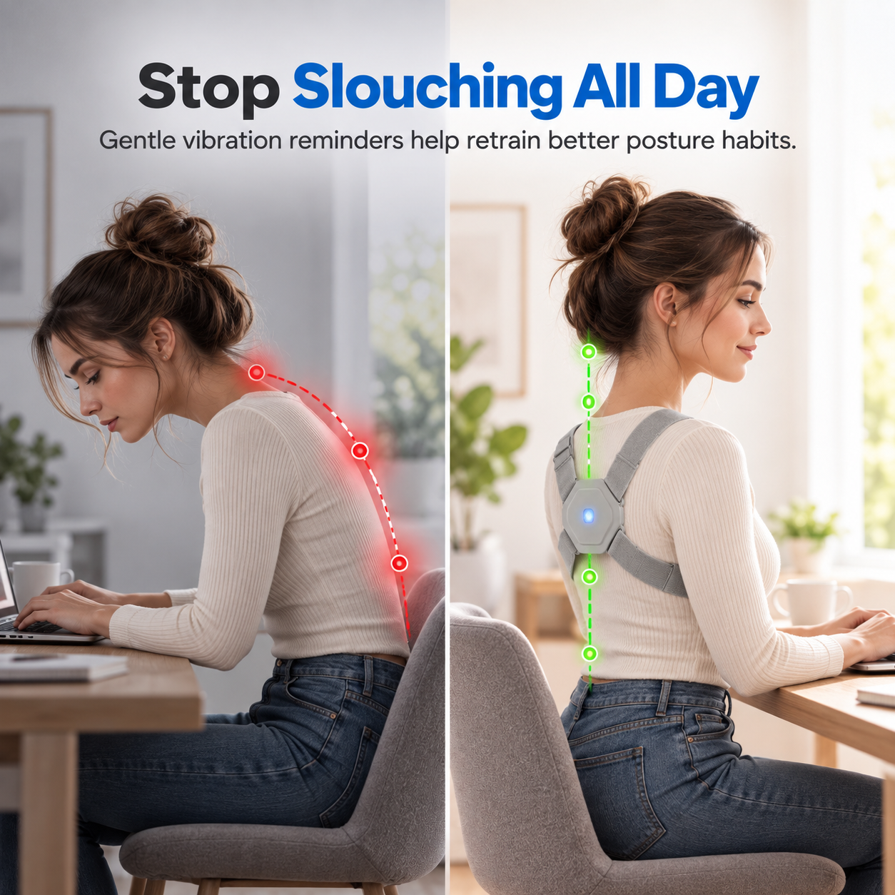 Before and after: a woman slouching at her desk versus sitting upright while wearing Straivo